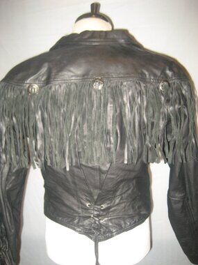 WOMEN'S G-III LEATHER WESTERN BLACK FRINGE CROP COWGIRL JACKET MEDIUM